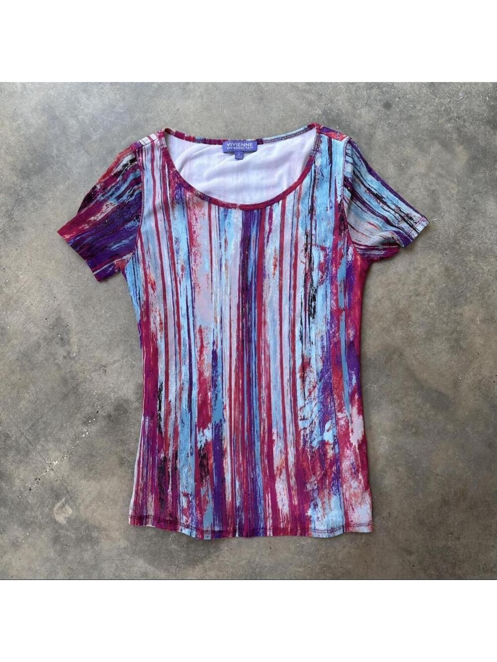 Vivienne Tam blue, pink, and white vertical brushstroke print top